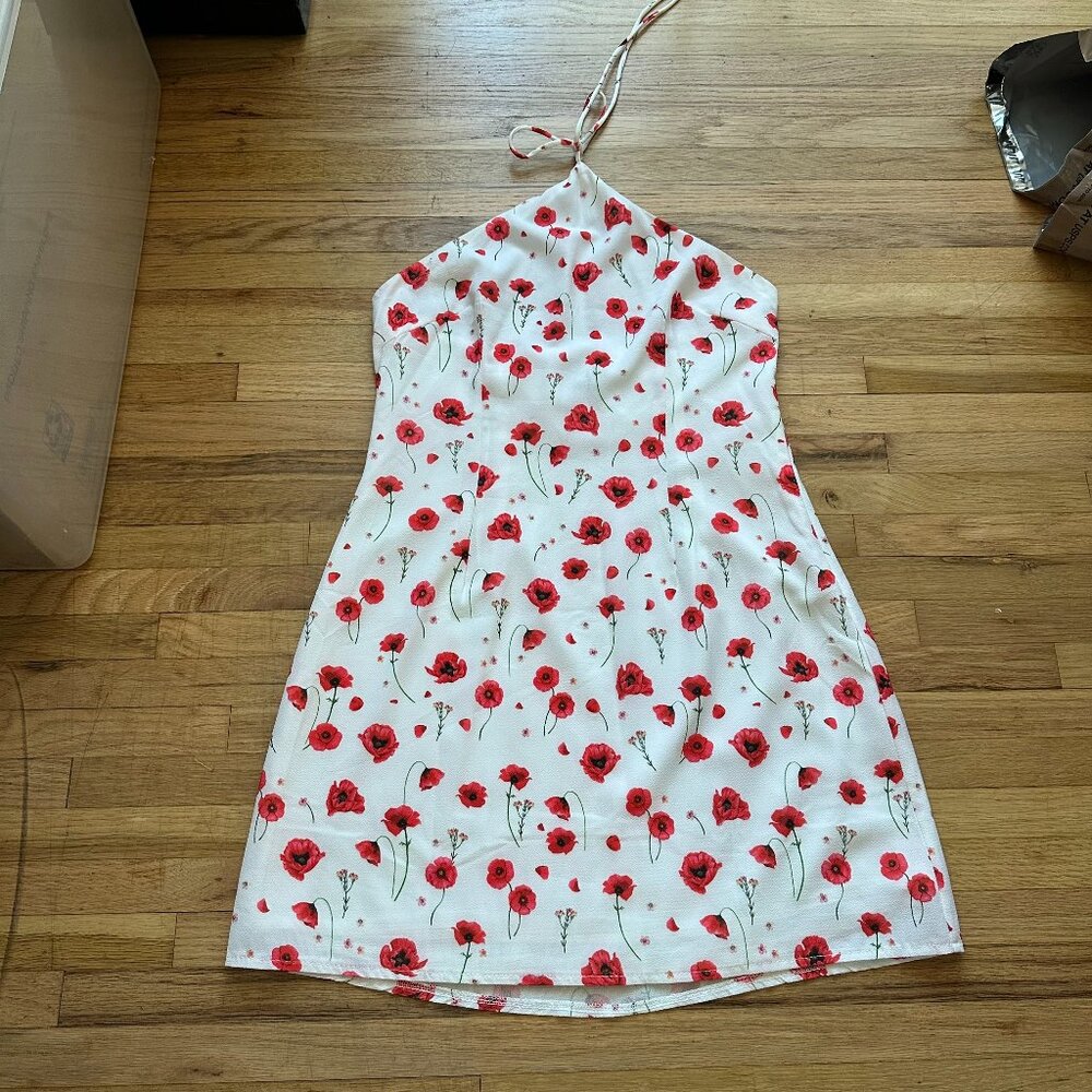 Princess Polly White Summery Halter Dress with Red Flower Print - size 6